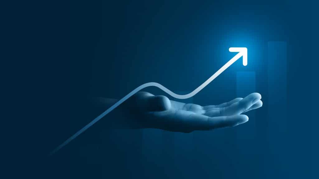 Hand growth arrow symbol business up background of success graph financial profit stock diagram or growing economy investment income target and goal increase achievement on development strategy chart.